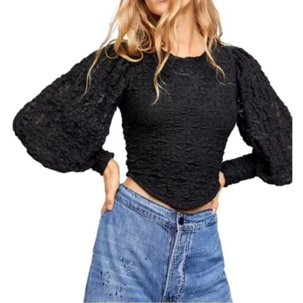 Free People Tea Time Blouse Women M Black Lace Open Back Puffed Sleeves Boho NWT